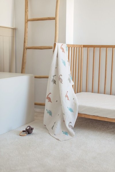 Bedeca 100% Organic Cotton Muslin Baby Blanket - Dinosaur Printed 90x100 cm Multi-Purpose Muslin Blanket