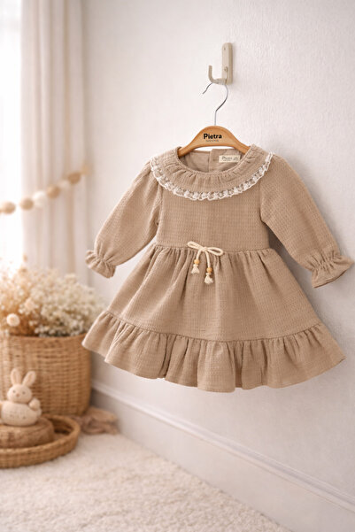DFN Kız Bebek Kahverengi Fırfırlı Elbise – Dantel Yaka, Uzun Kollu, Günlük & ...