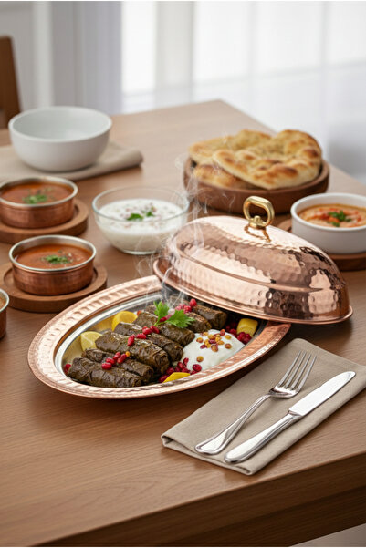 COPPERSAN Bakır Kayık / Sunumluk Kapaklı El Dövmesi 25 Cm