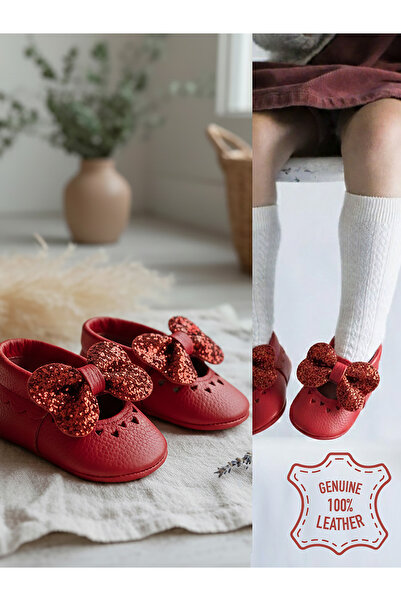 Denokids Pantofi pentru fetiță din piele naturală, roșu piatră, cu talpă moal...