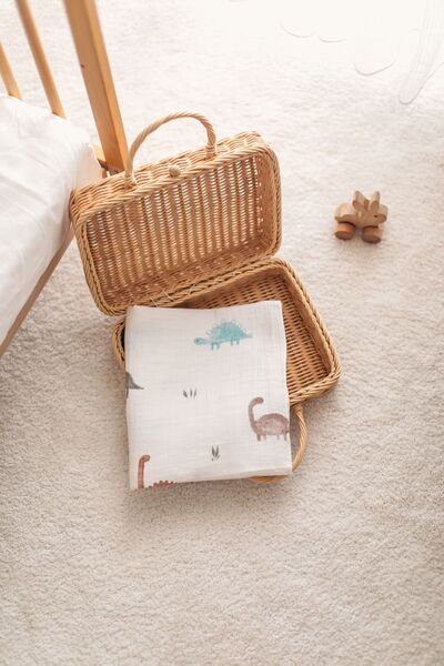 Bedeca %100 Organik Pamuk Müslin Bebek Örtüsü - Dinozor Baskılı 90x100 cm Çok...