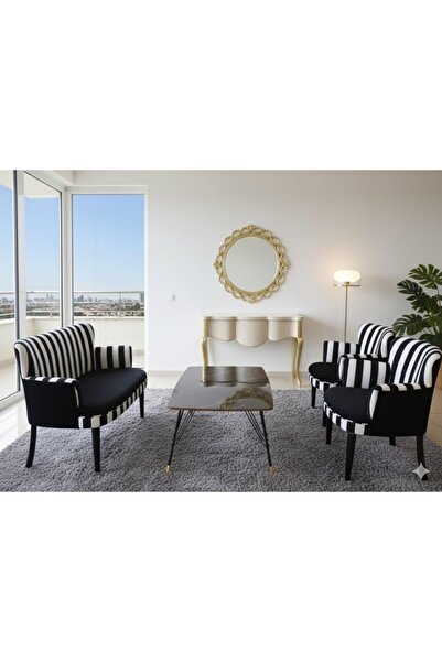 Genel Markalar Çay Seti Koltuk 2+1+1 Kollu Zebra Desen Siyah Beyaz Salon Kafe...