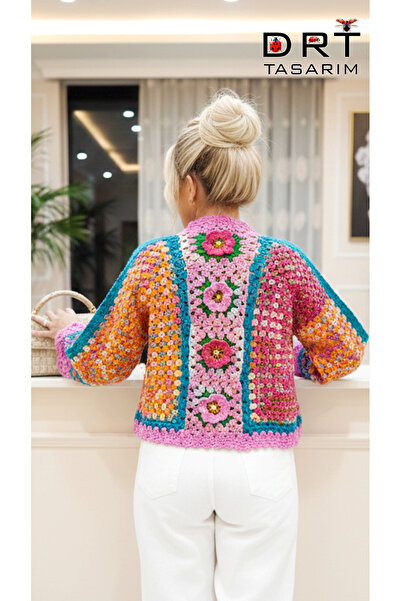 drt tasarım Batik Colored Stone and Flower Decorated Crop Cardigan