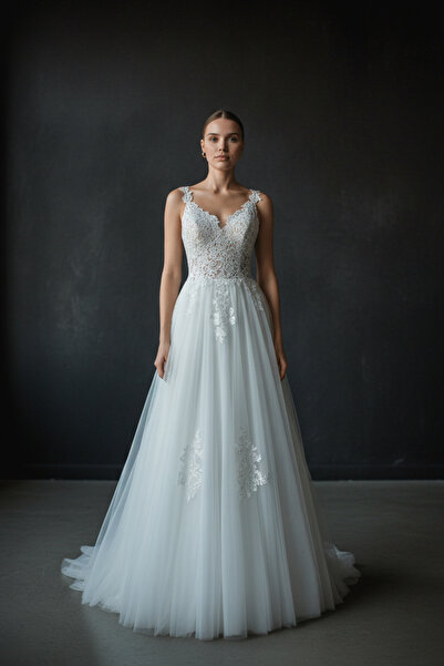 GÖKŞİN MODA A Kesim Kırık Beyaz Askılı Helen Gipür Işlemeli Gelinlik