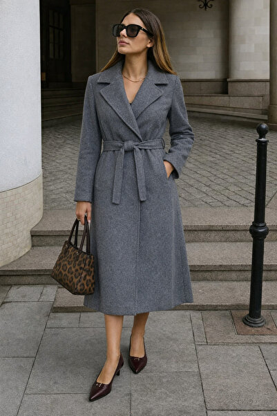 comstar Dámský zimní kabát s páskem, dlouhý dvouřadý kabát z kouřového kašmíru