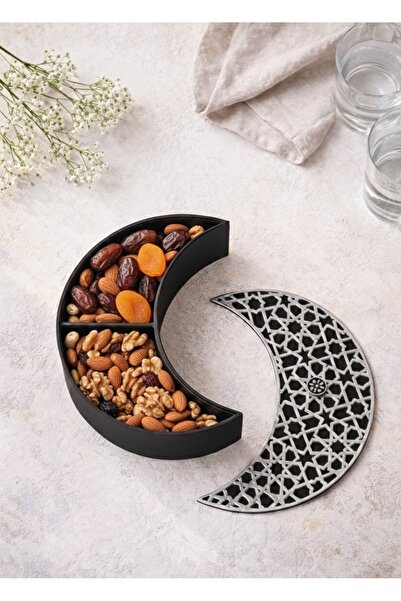 lysiaaccessory وعاء تقديم الطعام للإفطار بتصميم هلال أسود وفضي مزخرف بطابع رمضان