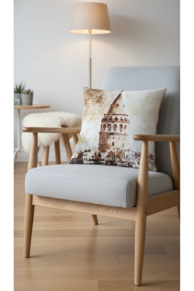 Tropikhome Goblen Galata Kulesi Manzaralı Dokuma Çift Taraflı Kırlent 45x45 cm
