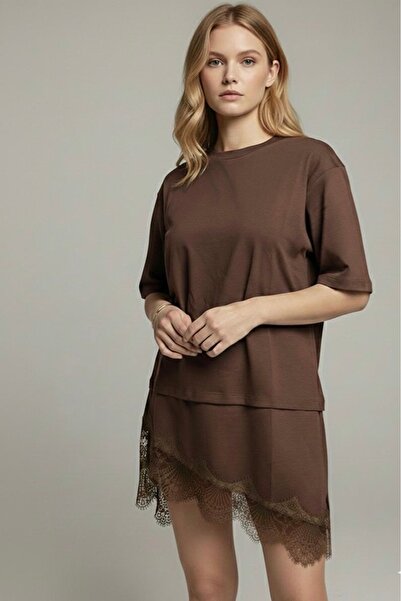 Be Best Kadın Kahverengi Eteği Dantelli Yırtmaçlı T-shirt Elbise BE348