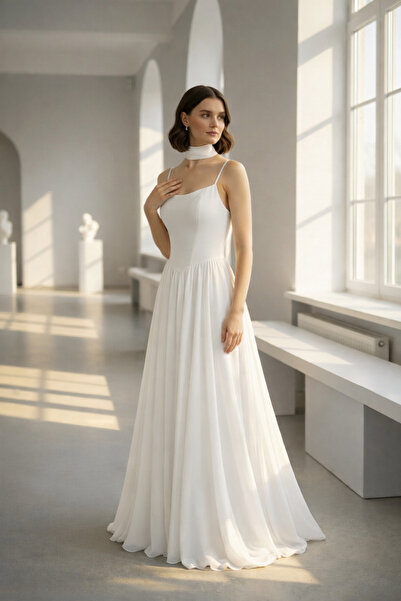 ENDAMIM Bohemian Flared Straps Boat Neck Chiffon Long Wedding Dress