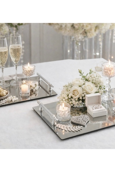 Meralles Gümüş Renk 2'li Söz Tepsisi, Nişan Tepsisi, Yüzük Tepsisi,Isteme Tep...