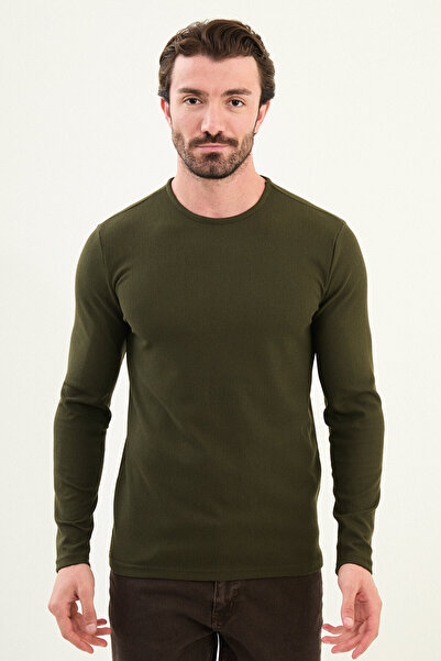 Mcr تي شيرت رجالي بقصة ضيقة وأكمام طويلة ورقبة دائرية، كاكي - 36679.21K