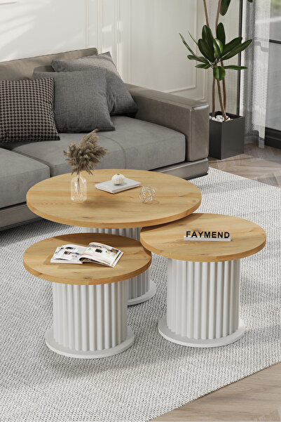 FAYMEND NUUNY Bohem Modern 3'Lü Ahşap Sehpa 'MEŞE BEYAZ' RİVOLİ