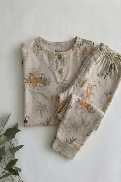 Cigit Animal Patterned Pajama Set 1-5 Years Beige