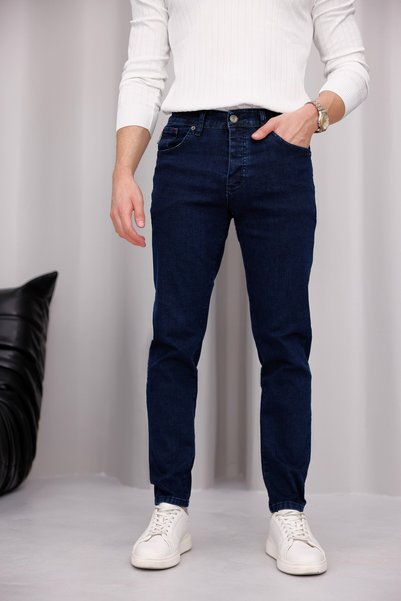 MODAMESTO Men's Navy Blue Denim Jean Trousers Slim Fit Lycra Narrow Leg