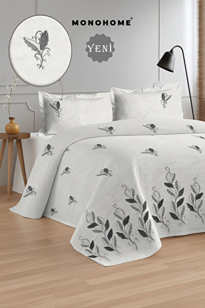 MonoHome طقم غطاء سرير مزدوج من الجاكار القطني 100% مطرز باللون الرمادي