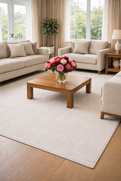 GÜMÜŞSUYU Rustic Plus 80018 Beyaz Halı - Modern Dokuma Tabanlı Yıkanabilir Sa...