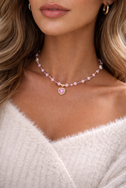 HERCY Kristal Boncuklu Prenses Kolye | Zirkon Taşlı Kalp Kolye | Pembe Kolye