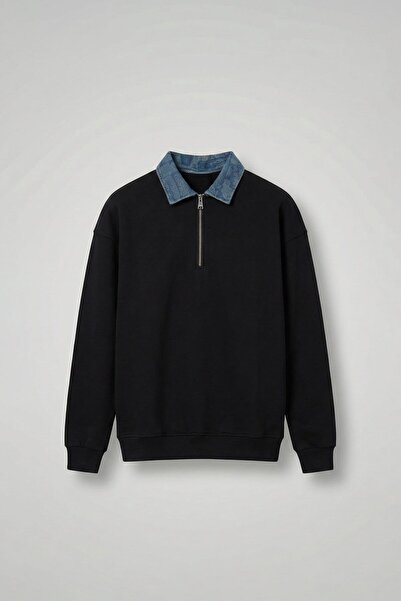 ablukaonline سويت شيرت رجالي من قماش الدنيم بياقة بولو ونصف سحاب قصة فضفاضة ب...