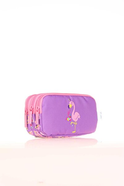 KAUKKO حقيبة أقلام للأطفال بثلاثة أقسام مع مرآة وحجر فلامينجو L8137