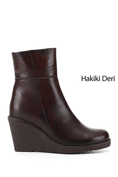GÖNDERİ(R) Women's Brown Zippered Wedge Heeled Genuine Leather Boots