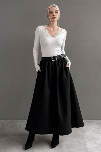 Seeh Μαύρη μακριά γυναικεία φούστα με ζώνη SH337