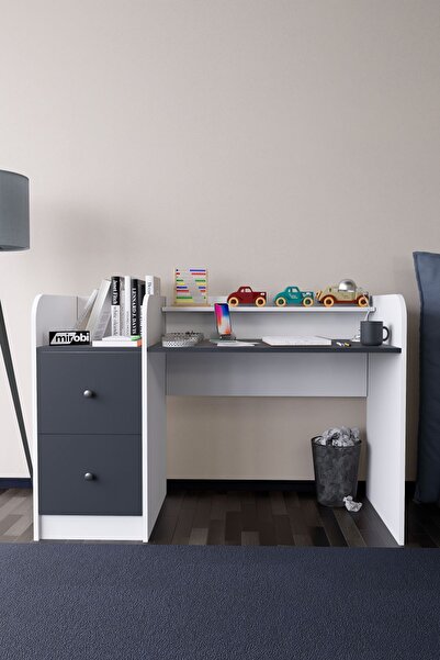 Mirobi Tilup Çalışma Masası Beyaz-Antrasit Çocuk Odası Çalışma Masası Çekmeceli
