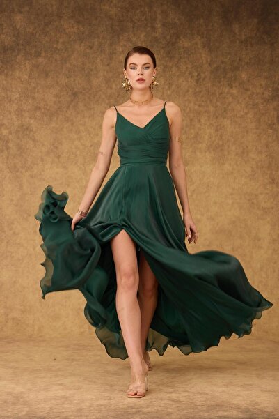Carmen Emerald Straps Slit Long Satin Evening Dress