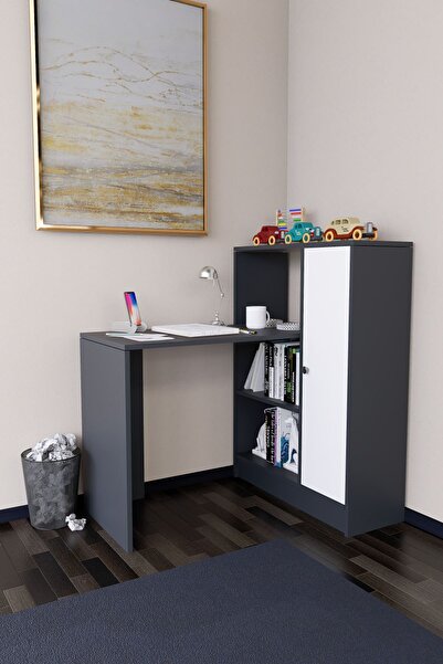 Mirobi Drithe Modern Dolaplı Kitaplıklı Çalışma Masası Antrasit-Beyaz