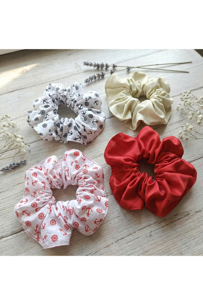 Tontiny 4'lü 2 düz 2 desenli pamuklu kumaş lastikli kadın toka scrunchies oku...