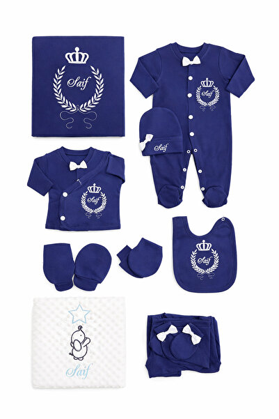 Jaju Baby Fil Ve Taç Nakışlı Ve İsim İşlemeli Lacivert Bebek Yeni Doğan Set