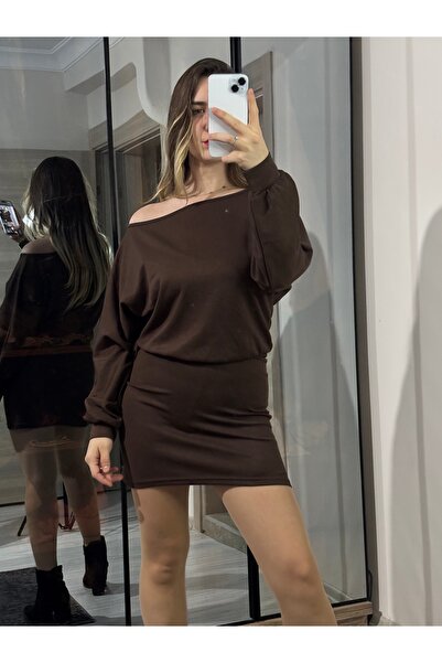 ELA Modal Kumaş Kayık Yaka Mini Elbise