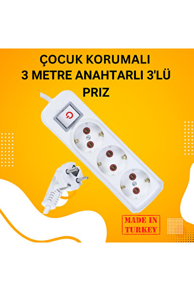 AS Grup Grup 3'lü Ara Kablo Anahtarlı Topraklı Üçlü Priz (3 METRE)
