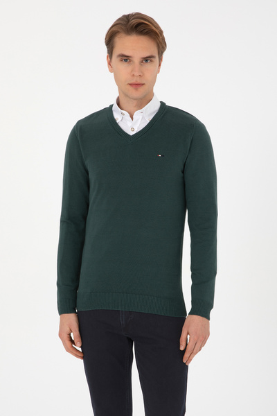 U.S. Polo Assn. Pulover pentru bărbați slim fit cu decolteu în V, verde închi...