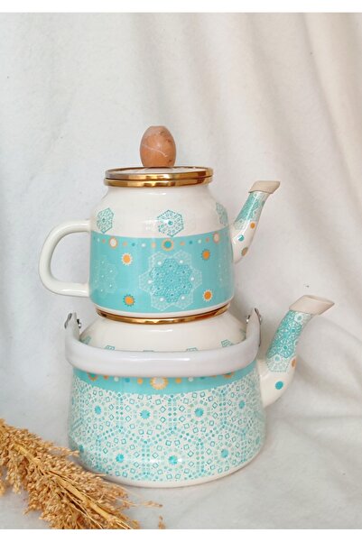EBRULİEMAYE Turkuaz Etnik Emaye Retro Çaydanlık düz kapak büyük boy