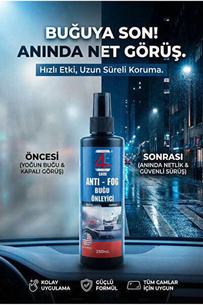 4E CARE Buğu Önleyici 250 ml + Bez Uzun Süre Etki (Araç Camları, Ev ve Ofis C...