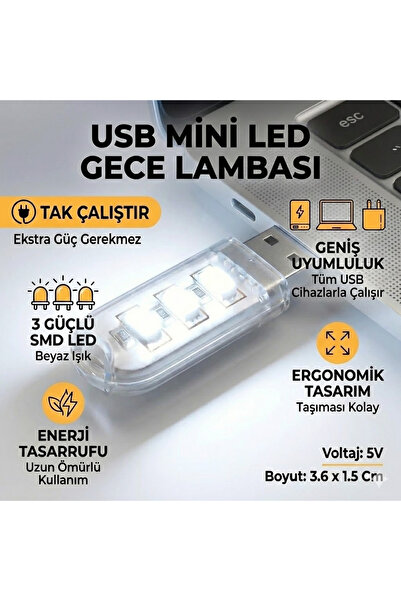nelerbulurum Usb girişli 3 Led beyaz Işık powerbanke takılabilen ampül Gece L...