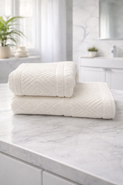 Bambus 2'li %100 Pamuklu Geometrik Desenli Banyo Havlusu Seti /90x150 Banyo H...