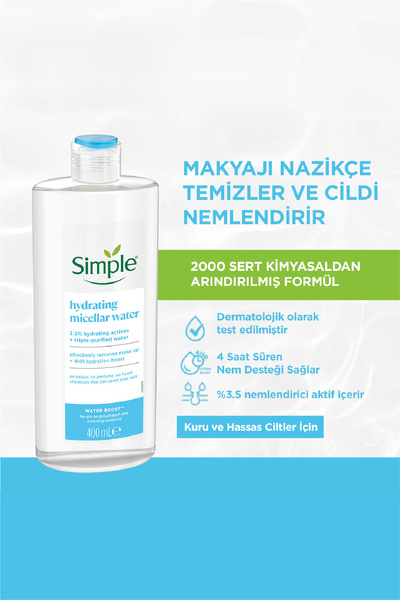 Simple Water Boost Kuru ve Hassas Ciltler İçin Nemlendirici Micellar Makyaj Temizleme Suyu 400 ML
