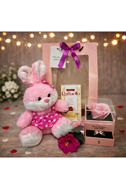 velve Set cadou Special Valentine, cu iepuras de plus 25cm, ciocolata,brosa, ...