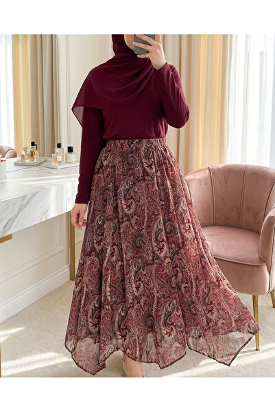 Modamorfo Asymmetrical Cut Lined Chiffon Skirt with Belt - Burgundy