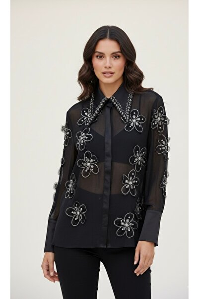 Rabiossa Women's Luxury Chiffon Shirt with Crystal Stones and 3D Flower Appli...