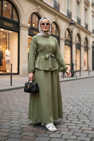 Aselim Hijap Moda طقم تنورة موسلين 4 طبقات |   بدلة قطنية صيفية بحزام |   مقا...
