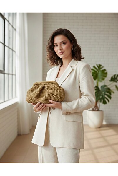 MODA Hasır Portföy Çanta , Pileli Çanta %100 El Emeği Gizli Burslu Çanta