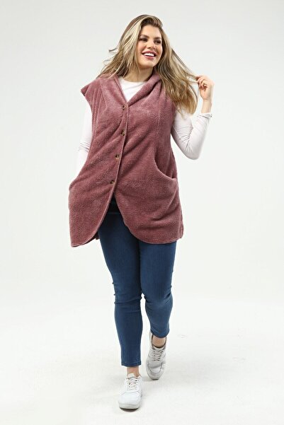 SENTEX Welsoft Düğmeli Cepli Gül Kurusu Kadın Yelek