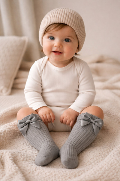 Katia&Bony Kız Bebek Aksesuarlı Dizaltı Çorap Gri Melanj