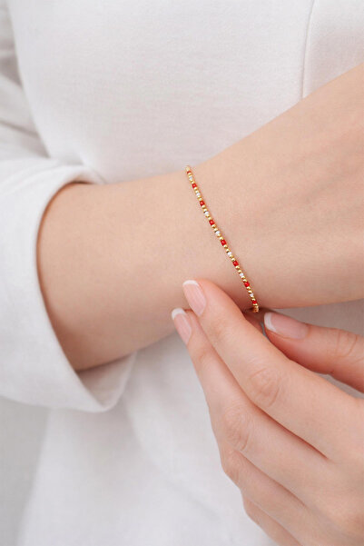 Bilezikci Kırmızı Mineli Altın Bileklik 14 Ayar