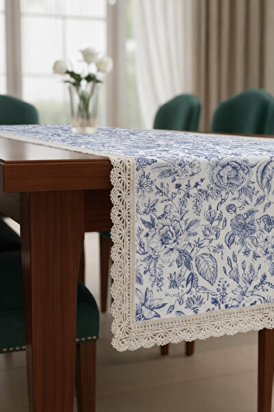 Rona Home Față de masă cu șnur albastru cu model de frunze - șal de masă eleg...