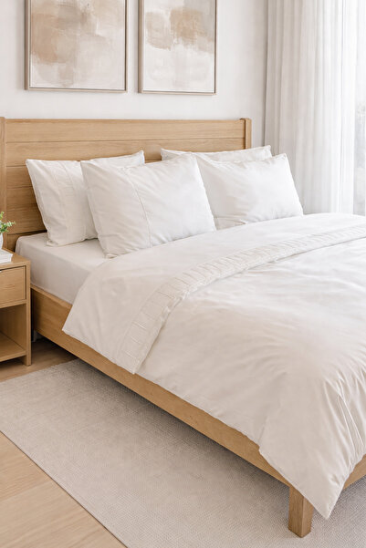 RİTMOHOME Kırık Beyaz Biyeli Pamuklu Düz Çift Kişilik Çeyiz Nevresim Takımı