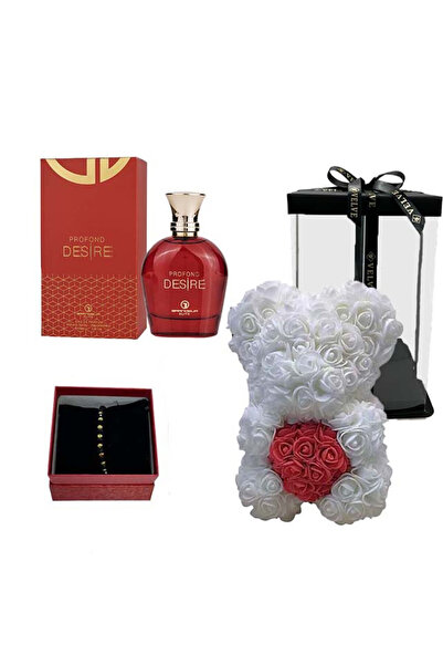 velve Set cadou fete, Ursulet floral alb cu inima rosie, Parfum,bratara zirco...