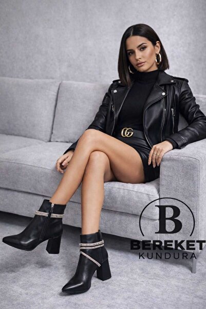 Bereket Kundura 1136 Model Çok Şık Taşlı Abiye Siyah Cilt Kısa Bot